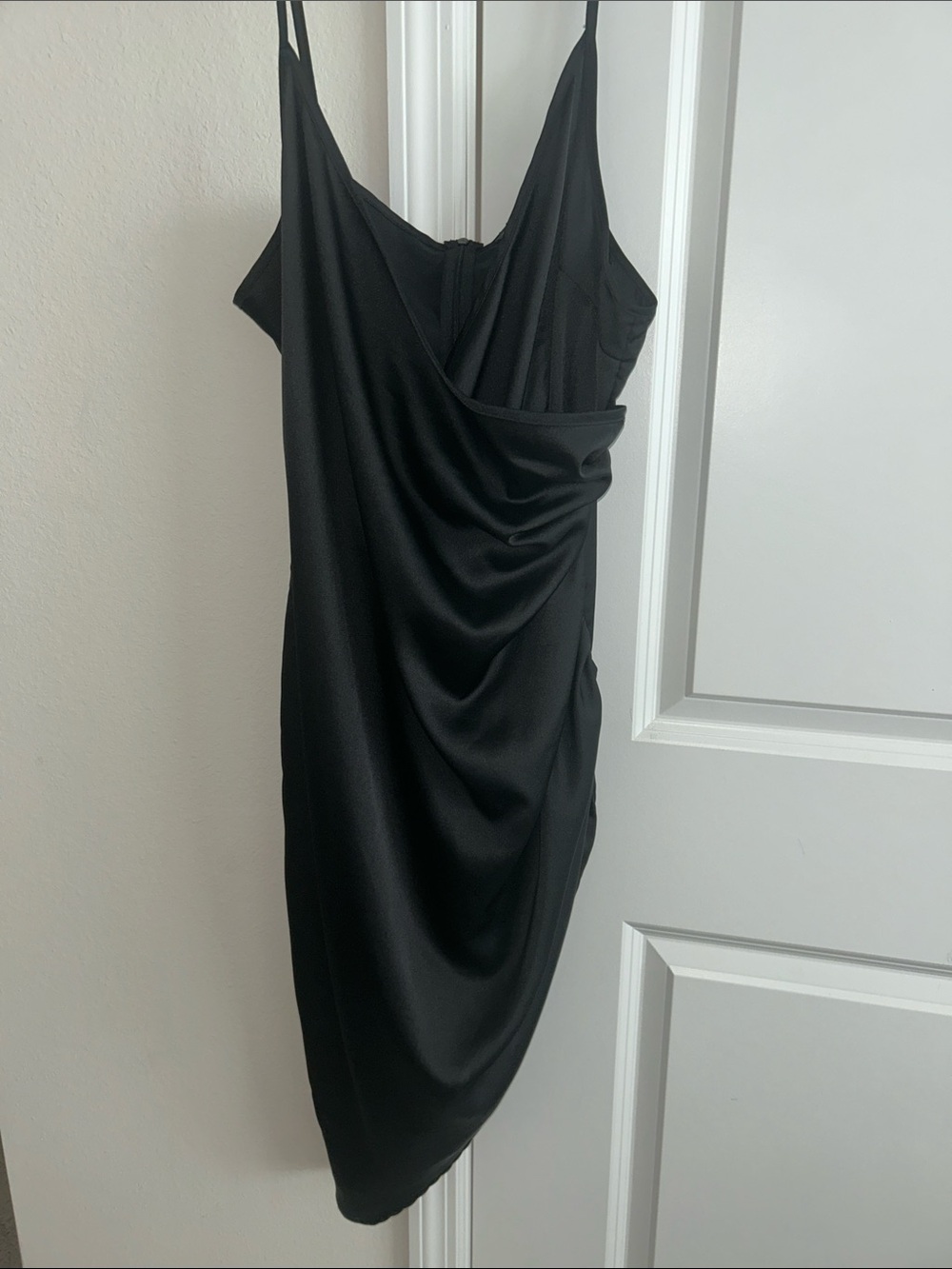 PrettyLittleThing Black Satin Cowl Mini Dress with Spaghetti Straps